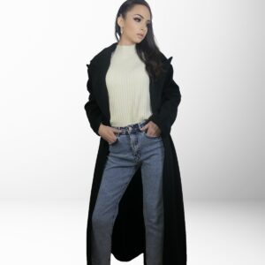 Pardesiu negru oversize, lung, guler rever