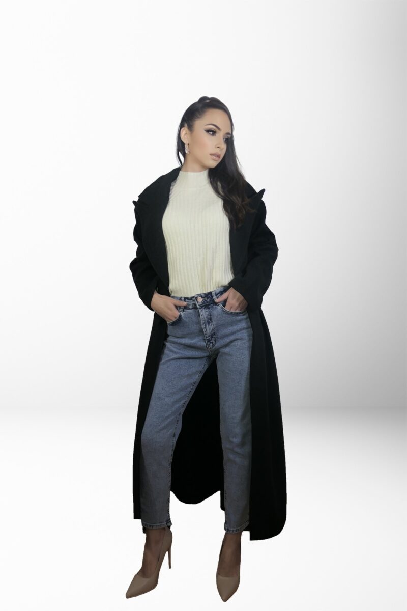 Pardesiu negru oversize, lung, guler rever