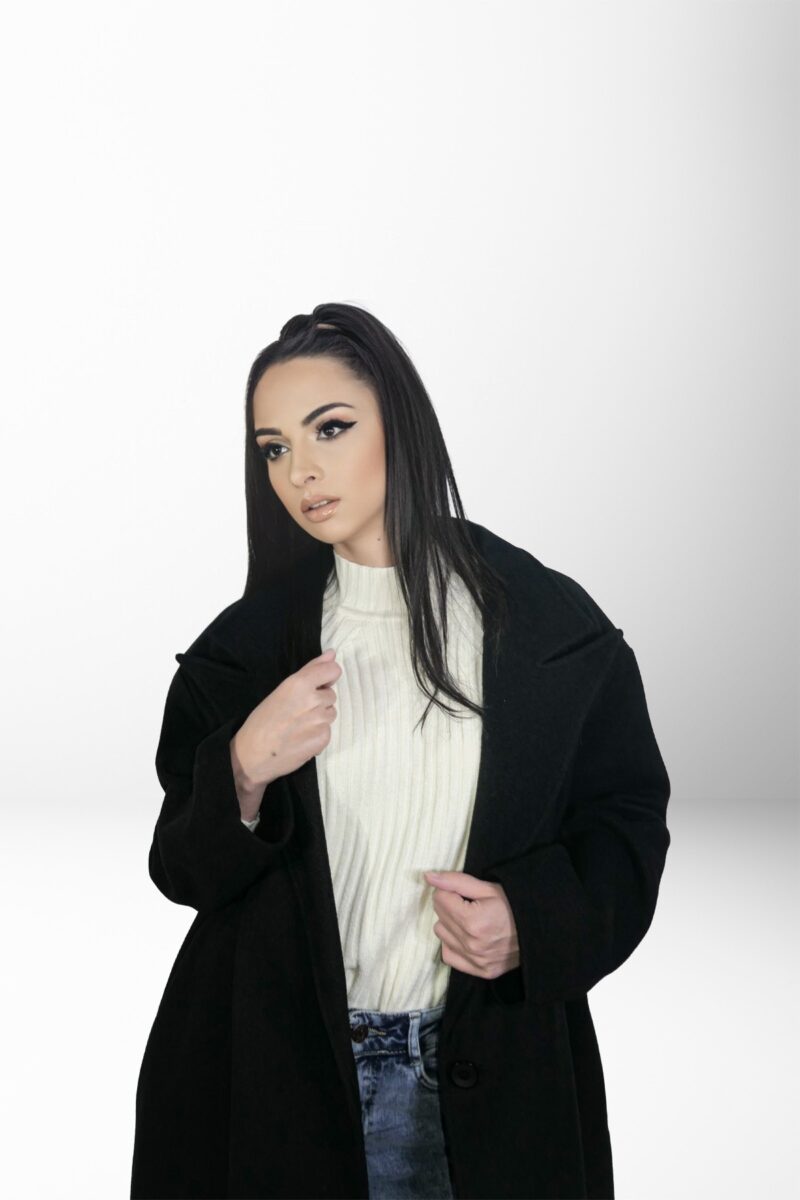 Pardesiu negru oversize, lung, guler rever JQZ 305 - imagine 2